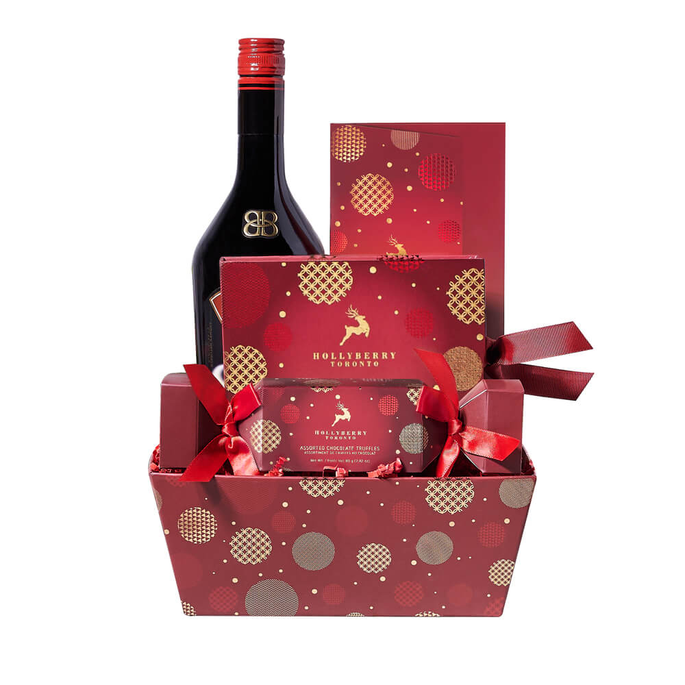 Holiday Liquor & Truffle Gift Tray, liquor gift baskets, Christmas gift baskets, gourmet gift baskets, holiday gifts, holiday, christmas gift, christmas, liquor gift, liquor, chocolate gift, chocolate. Blooms Canada Delivery