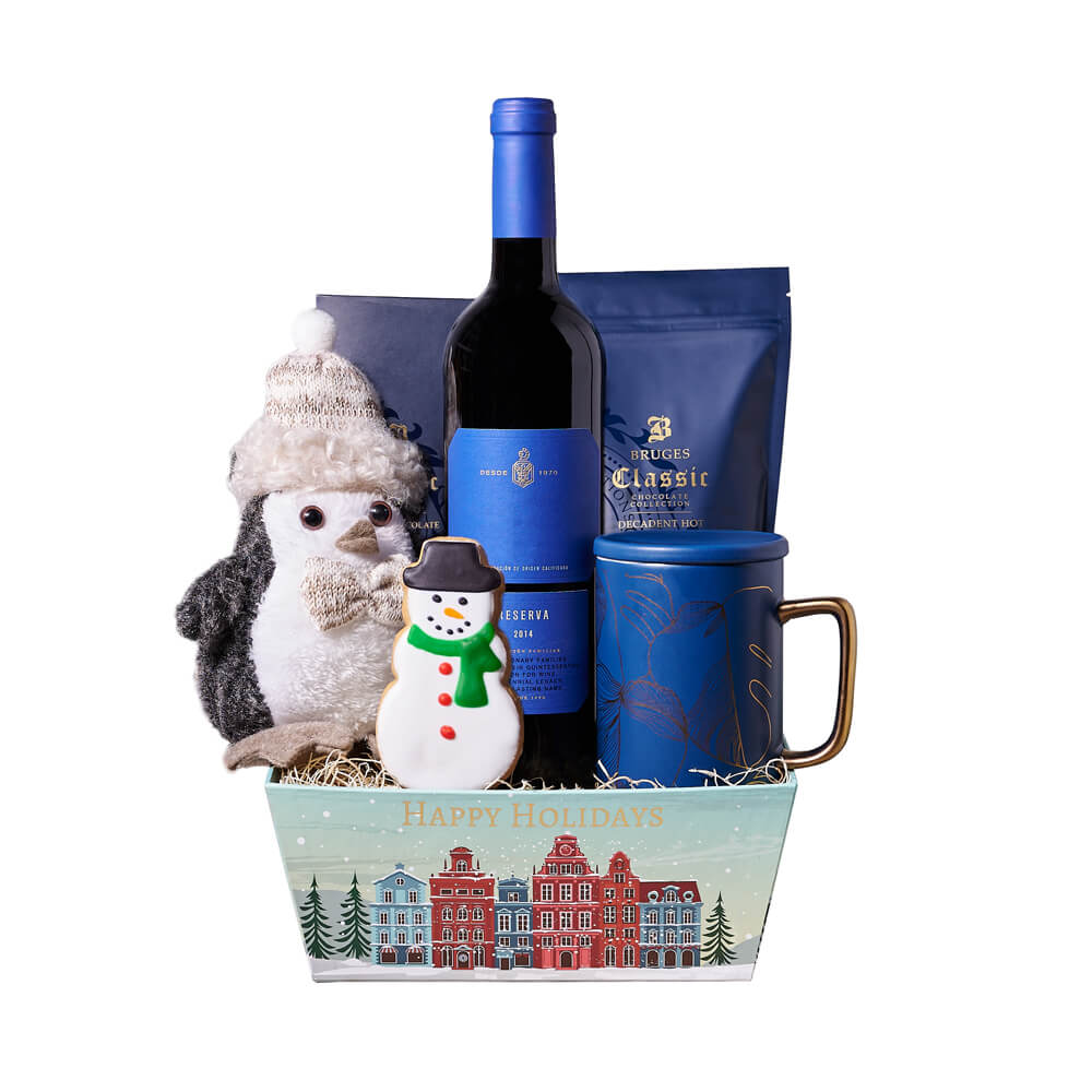 Holiday Penguin & Hot Cocoa Gift Basket, bottle of Canadian wine, an adorable holiday penguin plush toy, hot chocolate, a rich dark chocolate bar, a charmingly decorated snowman cookie, a beautiful blue and gold mug, and a presentation tray for an elegant display, Holiday Gifts from Canada Blooms - Canada Delivery