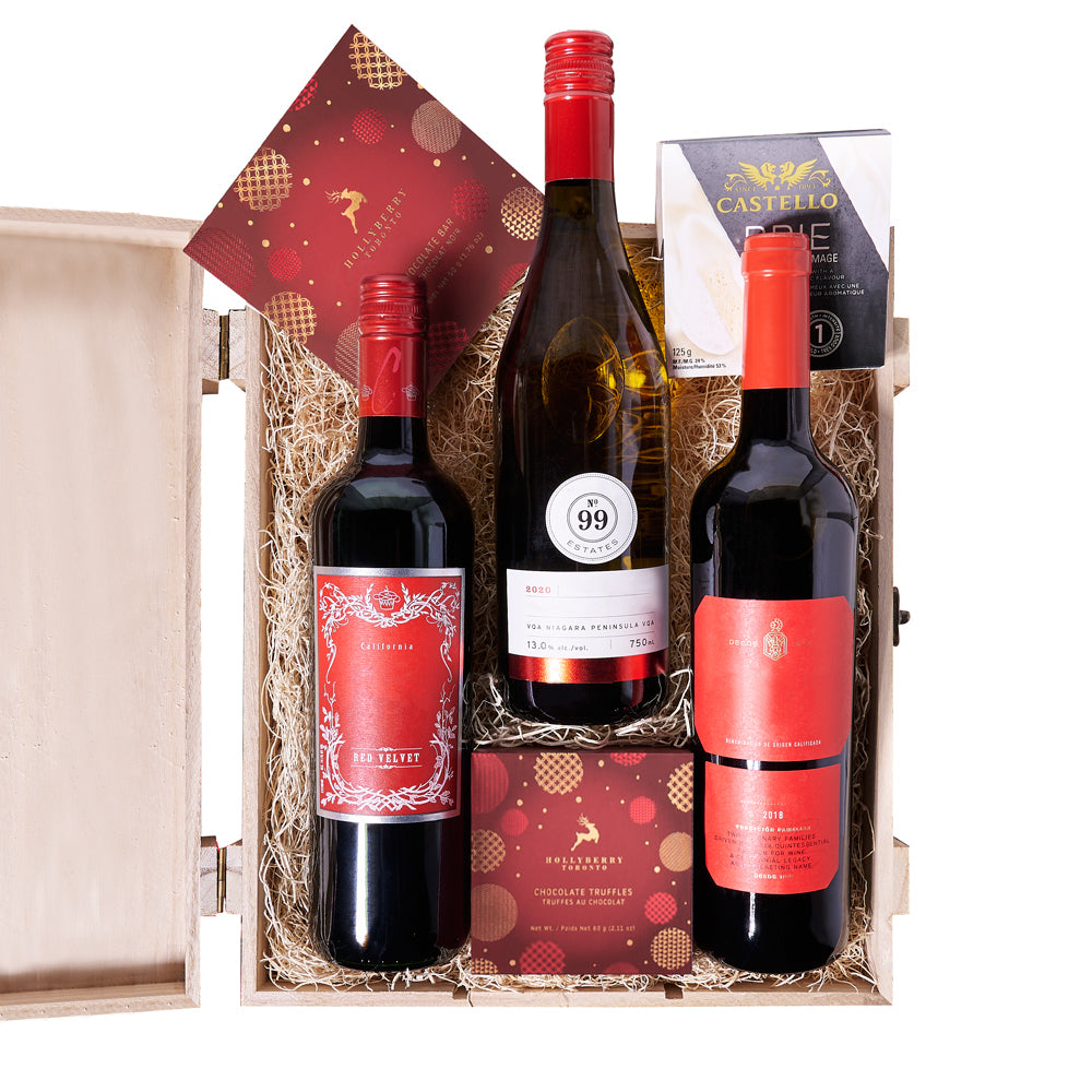 Holiday Wine Trio &amp; Treat Gift Box,  candy, chocolate, chocolate bar,  christmas,  Christmas Cookie,  Christmas set,  gourmet,  wine,  wooden box, christmas Wine Trio, Wine Box Trio – Canada Blooms - Canada Delivery
