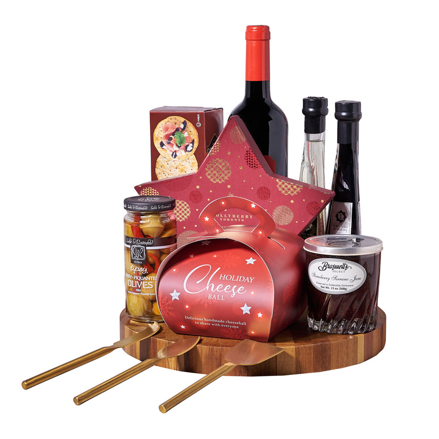 Holiday Wine & Appetizer Gift Set, Wine Gift Baskets, Gourmet Gift Baskets, Cheese Gift Baskets, Chocolate, Cheeseball, Jam, Wine, Crackers, Xmas Gifts, Blooms Canada Delivery