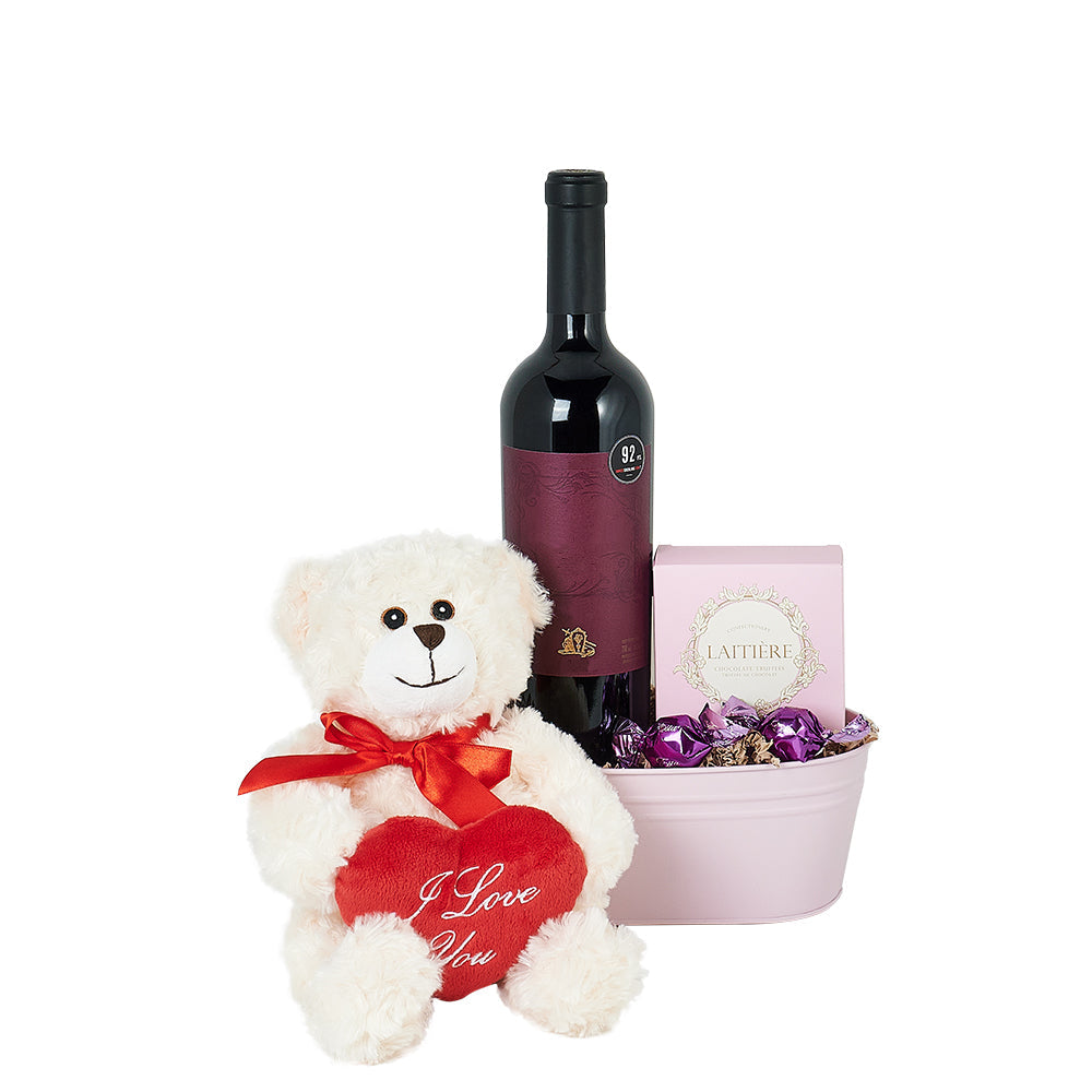 "I Love You" Wine Gift Basket, bottle of fine wine, a cuddly plush bear, and decadent chocolate truffles—everything required for a perfect night in for two, Wine Gifts from Canada Blooms - Same Day Canada Delivery.