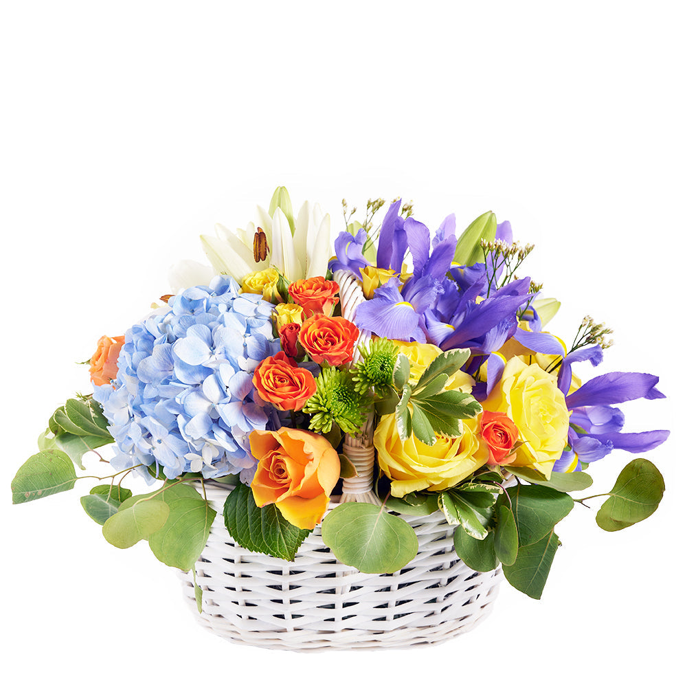 Irises In Paradise Mixed Arrangement, irises, roses, hydrangea, lilies, spray roses, daisies, and greens in a charming wicker basket, Flower Gifts from Canada Blooms - Canada Delivery