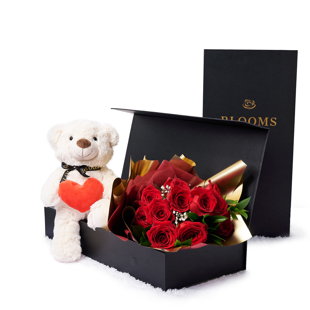 Valentine's Day 18 Stem Red Roses With Chocolate & Wine