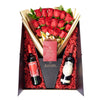 Valentine's Day 18 Stem Red Roses With Chocolate & Wine, 18 red roses gathered together with Salal and Baby’s Breath in a floral wrap and tied with designer ribbon inside a sleek black designer box with chocolate truffles and two bottles of wine, Holiday gifts from Blooms Canada - Same Day Canada Delivery.