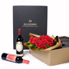 Valentine's Day 18 Stem Red Roses With Chocolate & Wine, 18 red roses gathered together with Salal and Baby’s Breath in a floral wrap and tied with designer ribbon inside a sleek black designer box with chocolate truffles and two bottles of wine, Holiday gifts from Blooms Canada - Same Day Canada Delivery.