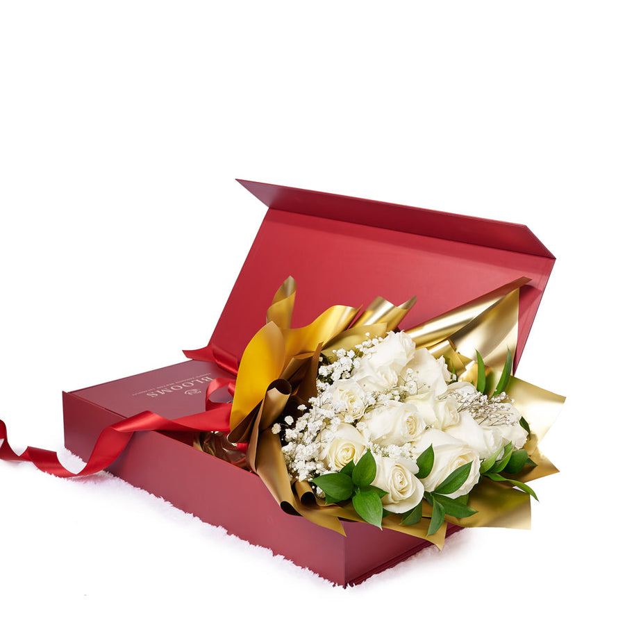 Valentine's Day 12 Stem White Rose Bouquet With Designer Box, Canada Same Day Flower Delivery, Valentine's Day gifts, roses. Blooms Canada- Blooms Canada Delivery