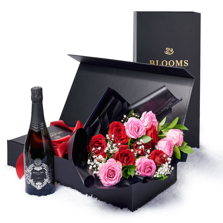 Valentine’s Day 12 Stem Red & Pink Rose Bouquet With Box & Champagne, Toronto Same Day Flower Delivery, Valentine's Day gifts, roses