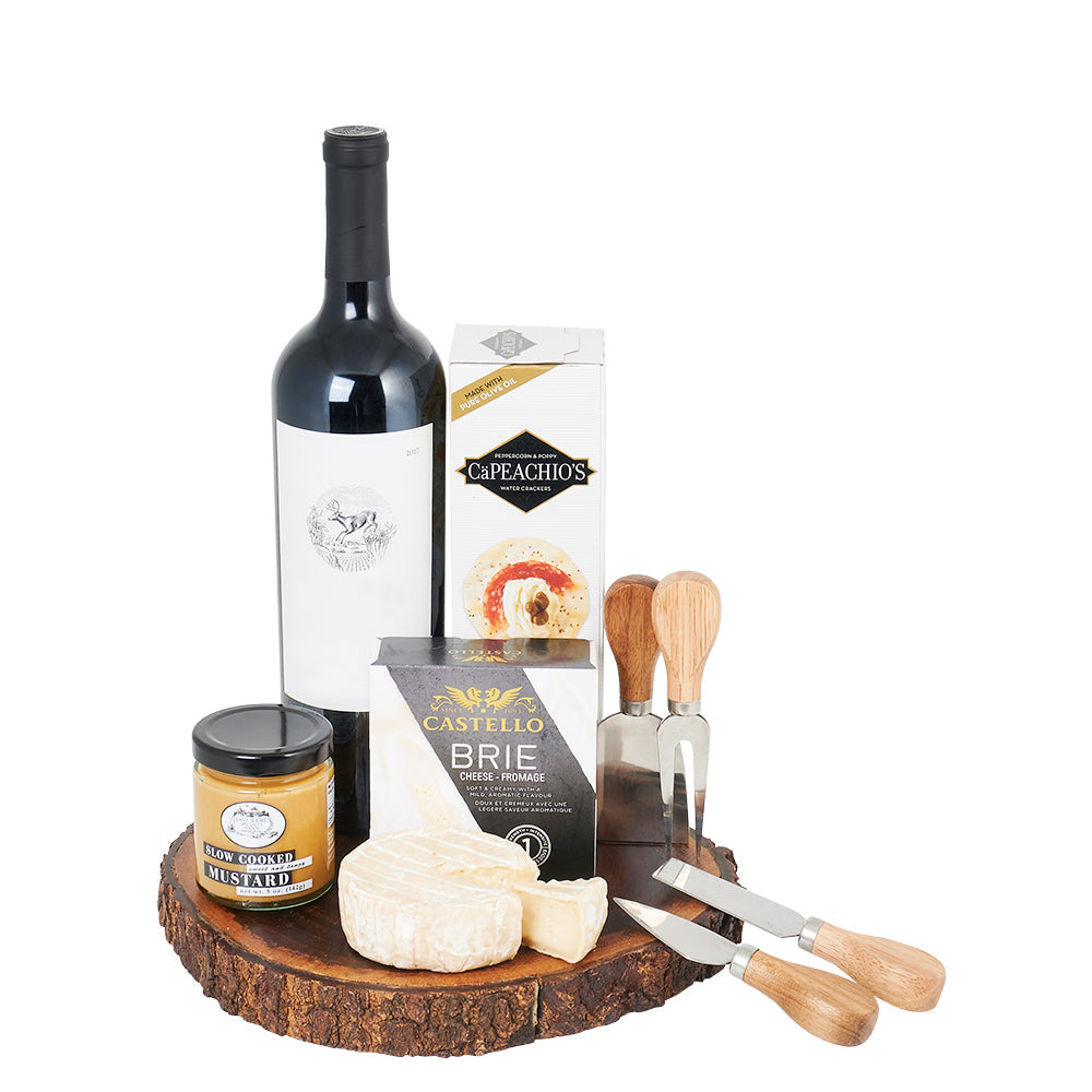 Lake Joseph Wine and Cheese Board, ideal gift for those who appreciate unwinding with a glass of wine, combines rich gourmet cheeses, fine wine, a comprehensive cheese serving set, and crackers, creating a perfect ensemble for any occasion, Wine Gifts from Canada Blooms - Canada Delivery