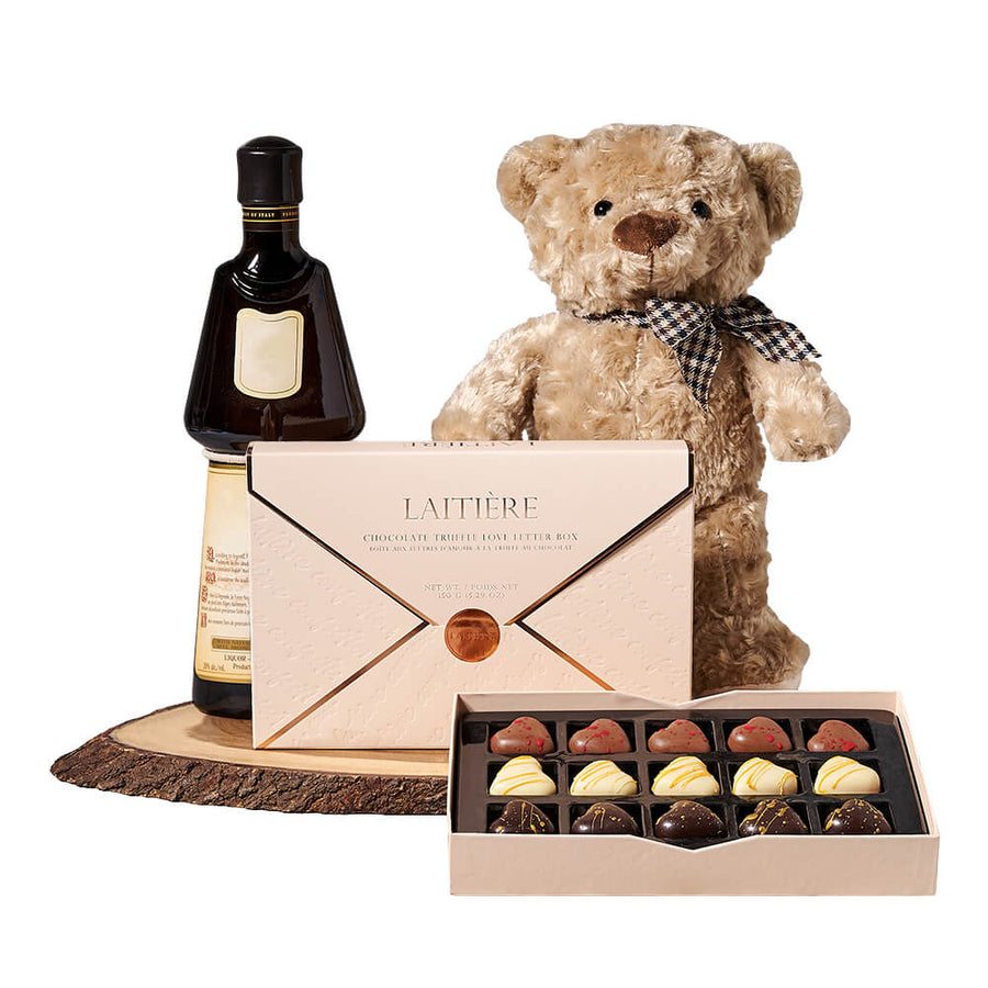 Liquor & Teddy Chocolate Gift, bottle of liquor, a love letter box of chocolate truffles, a plush teddy bear toy, and a live-edge serving board, Liquor gifts from Blooms Canada - Same Day Canada Delivery.