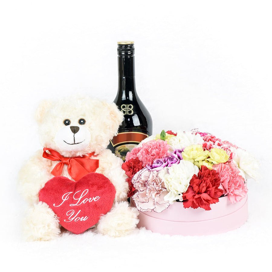 Carnation Hat Box Arragement With Spirits and plush, Blooms Canada Delivery