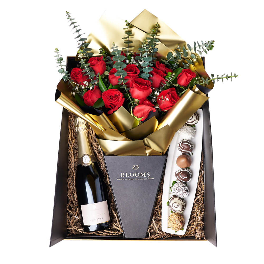 Love Like This Rose Gift Box, bouquet of a dozen red roses, a bottle of sparkling wine, eight chocolate-covered strawberries in a dish, and a spacious gift box , Flower Gifts from Canada Blooms - Canada Delivery