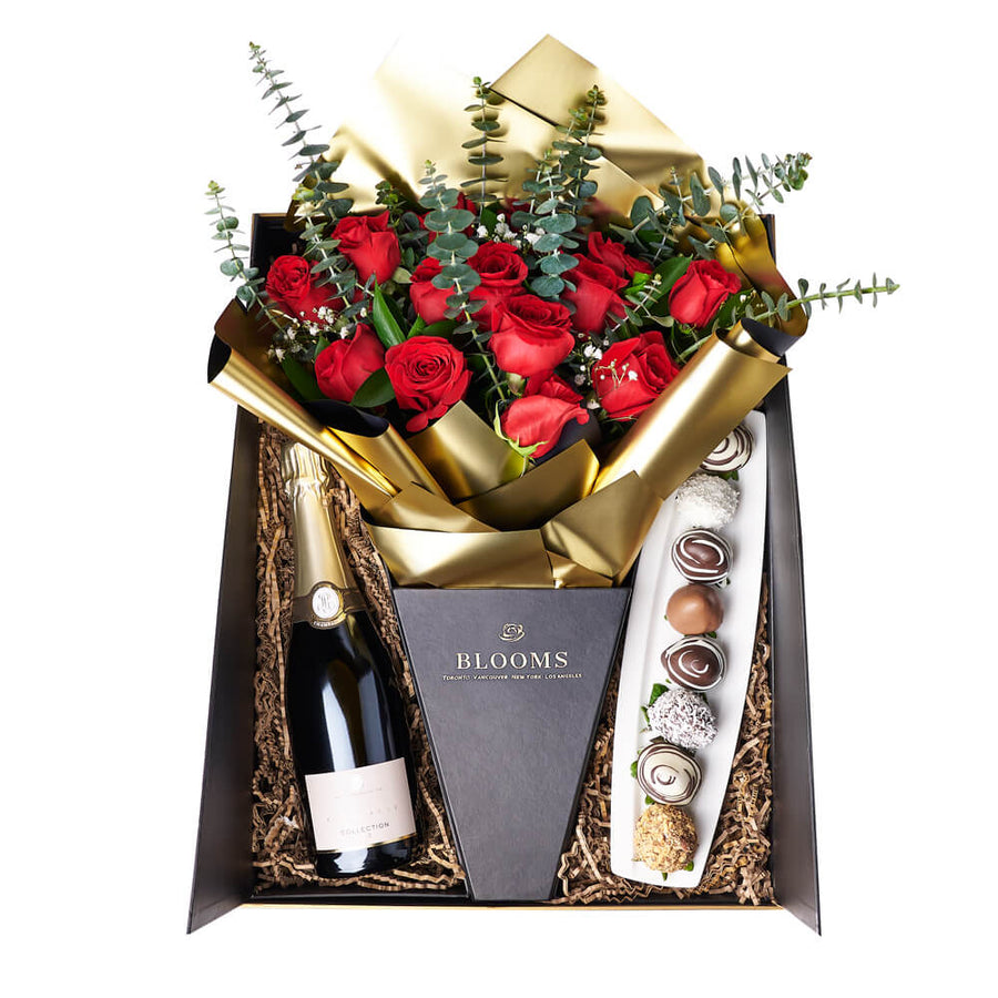 Love Like This Rose Gift Box, bouquet of a dozen red roses, a bottle of sparkling wine, eight chocolate-covered strawberries in a dish, and a spacious gift box , Flower Gifts from Canada Blooms - Canada Delivery