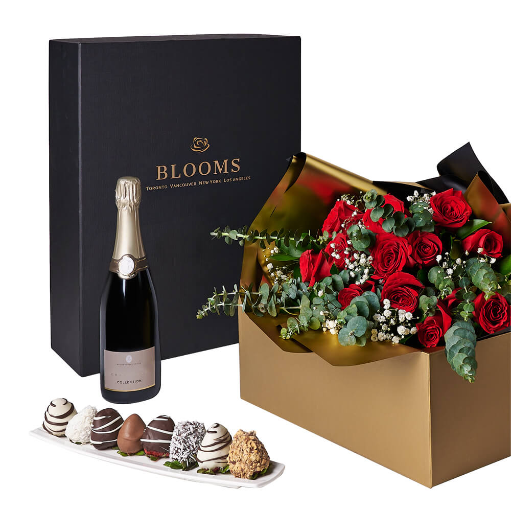 Love Like This Rose Gift Box, bouquet of a dozen red roses, a bottle of sparkling wine, eight chocolate-covered strawberries in a dish, and a spacious gift box , Flower Gifts from Canada Blooms - Canada Delivery