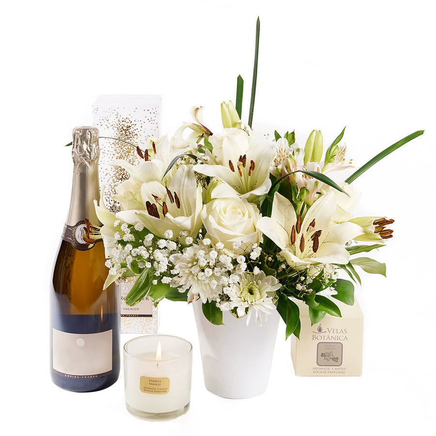 Love's Eternal Mixed Bouquet Gift Set, white arrangement includes roses, lilies, baby’s breath, and greens in a ceramic vase, bottle of Sparkling Wine, vanilla scented candle, Flower Gifts from Canada Blooms - Canada Delivery