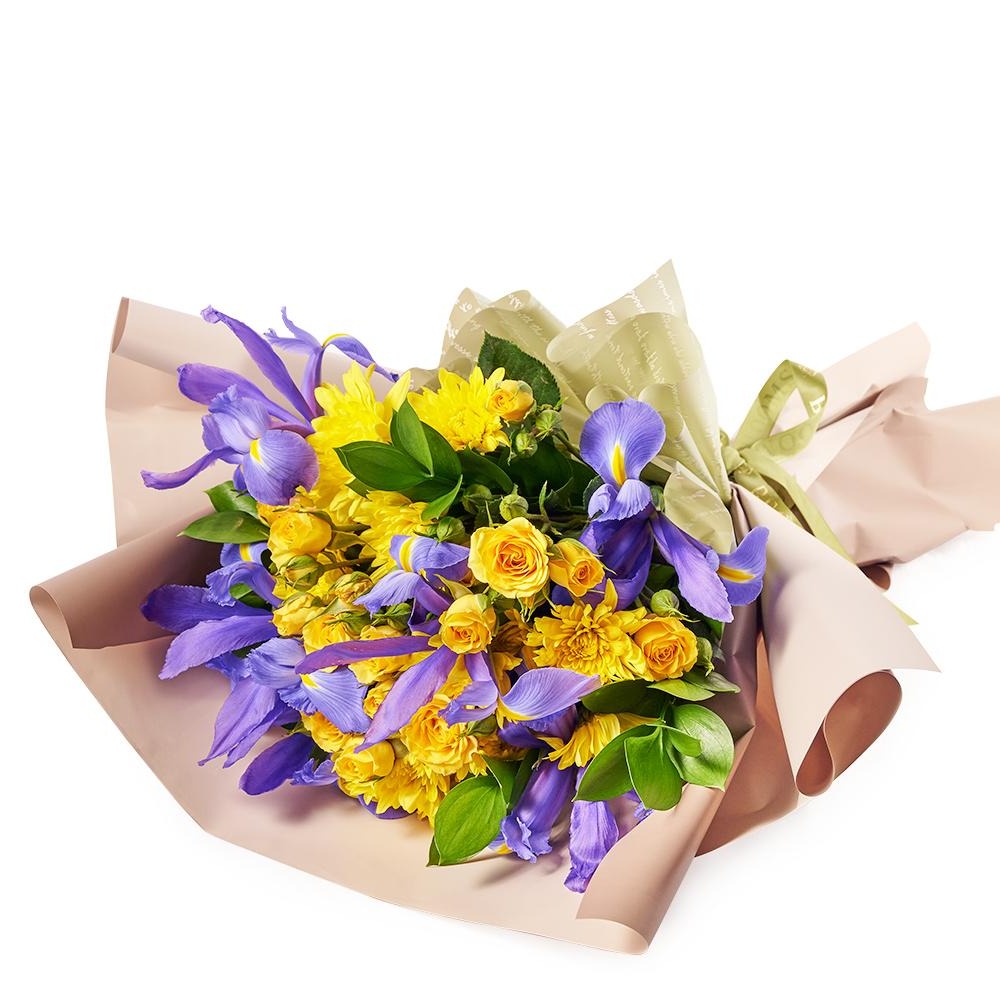 Luminous Lavender Iris Bouquet, purple irises and yellow spray roses, daisies, and greens gathered in a floral wrap and tied with a designer ribbon, Flower Gifts from Canada Blooms - Canada Delivery