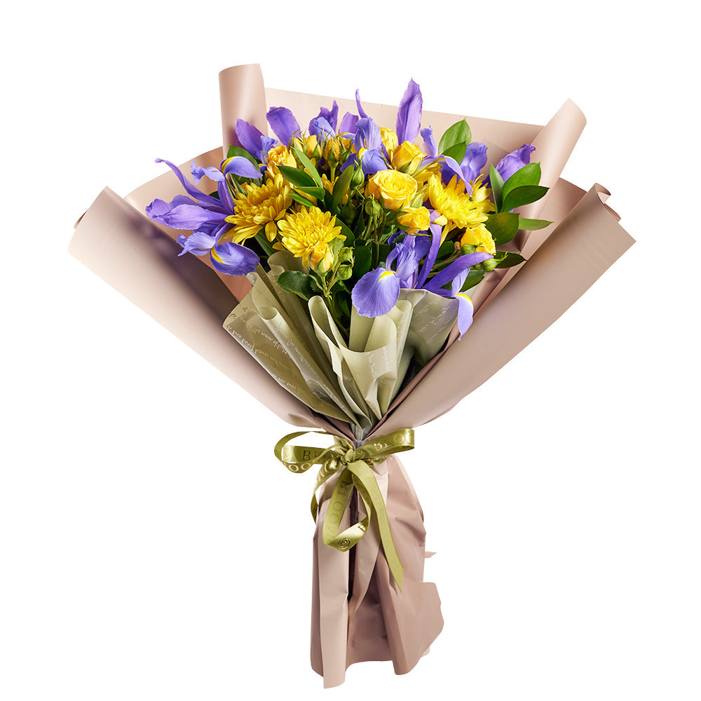 Luminous Lavender Iris Bouquet, purple irises and yellow spray roses, daisies, and greens gathered in a floral wrap and tied with a designer ribbon, Flower Gifts from Canada Blooms - Canada Delivery