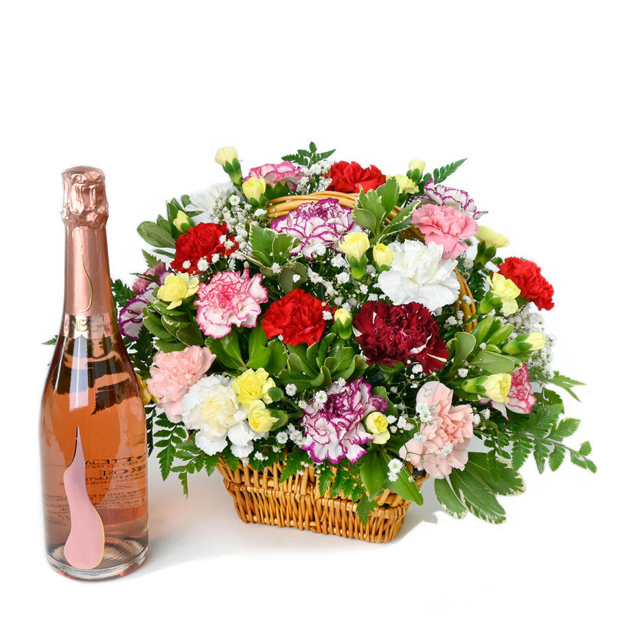 Luxe Delight Flowers Champagne Gift, carnations, baby’s breath, and greens in a classic basket, bottle of champagne, Flower Gifts from Canada Blooms - Canada Delivery