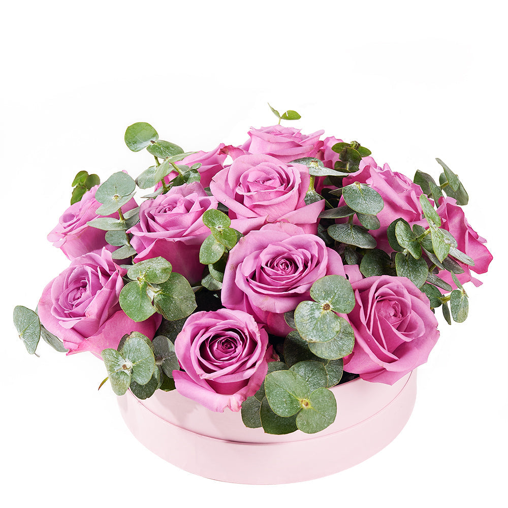 Luxe Passion Flower Box, pink roses and eucalyptus in a round pink hat box, Flower Gifts from Canada Blooms - Canada Delivery