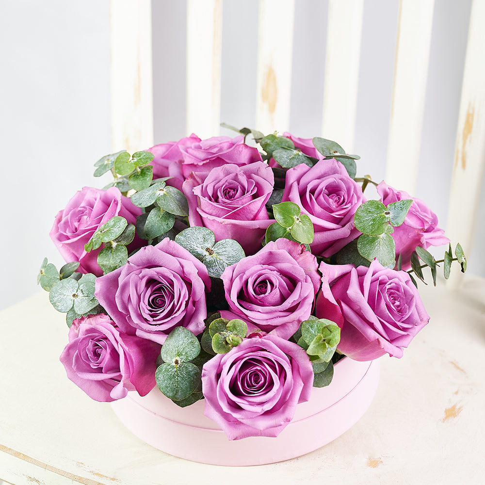 Luxe Passion Flower Box, pink roses and eucalyptus in a round pink hat box, Flower Gifts from Blooms Canada - Same Day Canada Delivery.