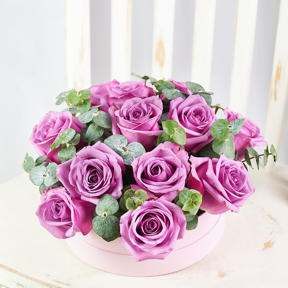 Luxe Passion Flower Box, pink roses and eucalyptus in a round pink hat box, Flower Gifts from Canada Blooms - Canada Delivery