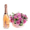 Luxe Passion Flowers and Champagne Gift, stunning floral arrangement in a pink hat box paired with champagne, Flower Gifts from Blooms Canada - Same Day Canada Delivery.