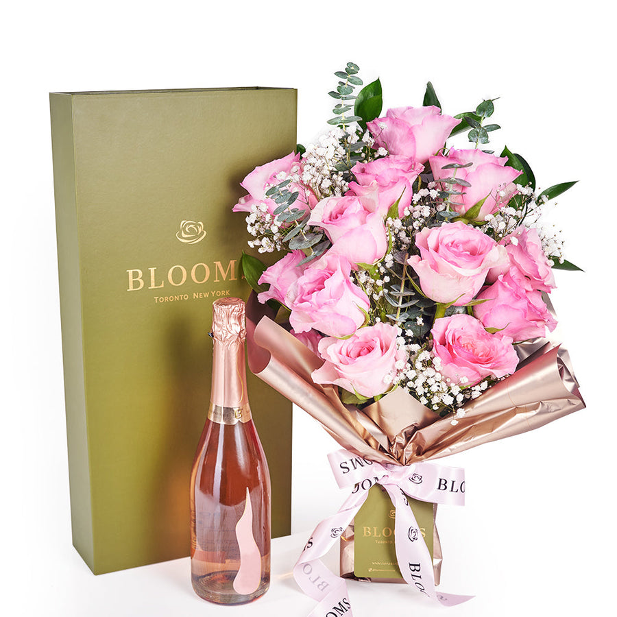 Mother’s Day 12 Stem Pink Rose Bouquet with Box & Champagne – Mother’s Day Gifts –Blooms Canada delivery