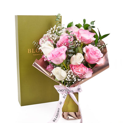 Mother’s Day 12 Stem Pink & White Rose Bouquet with Box – Mother’s Day Gifts – Blooms Canada delivery