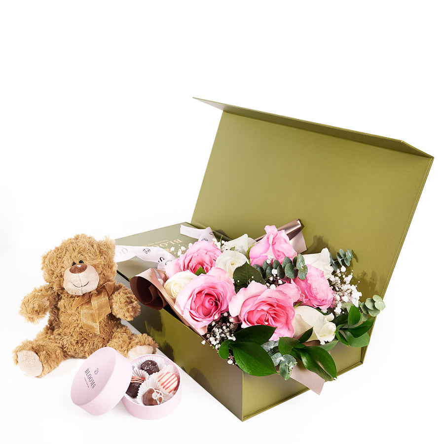 Mother’s Day 12 Stem Pink & White Rose Bouquet with Box, Bear, & Chocolate – Mother’s Day Gifts – Blooms Canada delivery