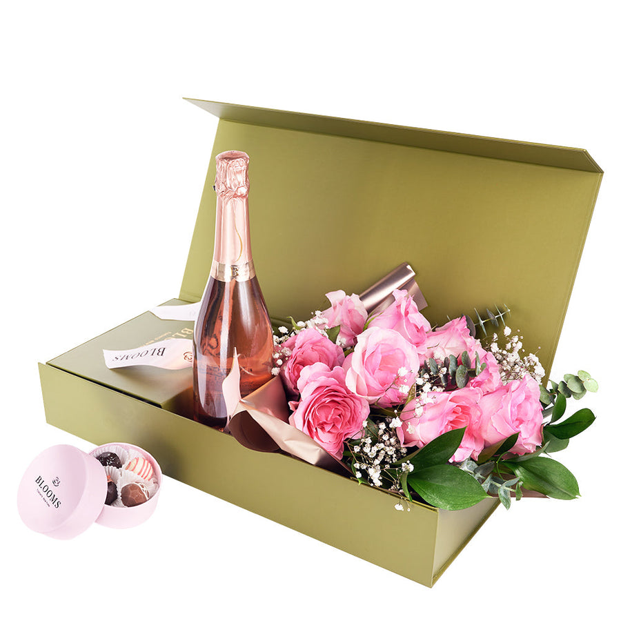 Mother’s Day Dozen Pink Rose Bouquet with Box, Champagne, & Chocolate – Mother’s Day Gifts– Blooms Canada delivery