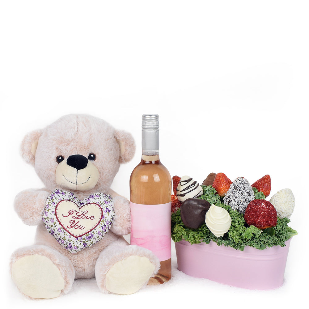 Mother’s Day Pink Wine, Bear & Chocolate Covered Strawberry Gift Tin – Canada Blooms - Canada Delivery