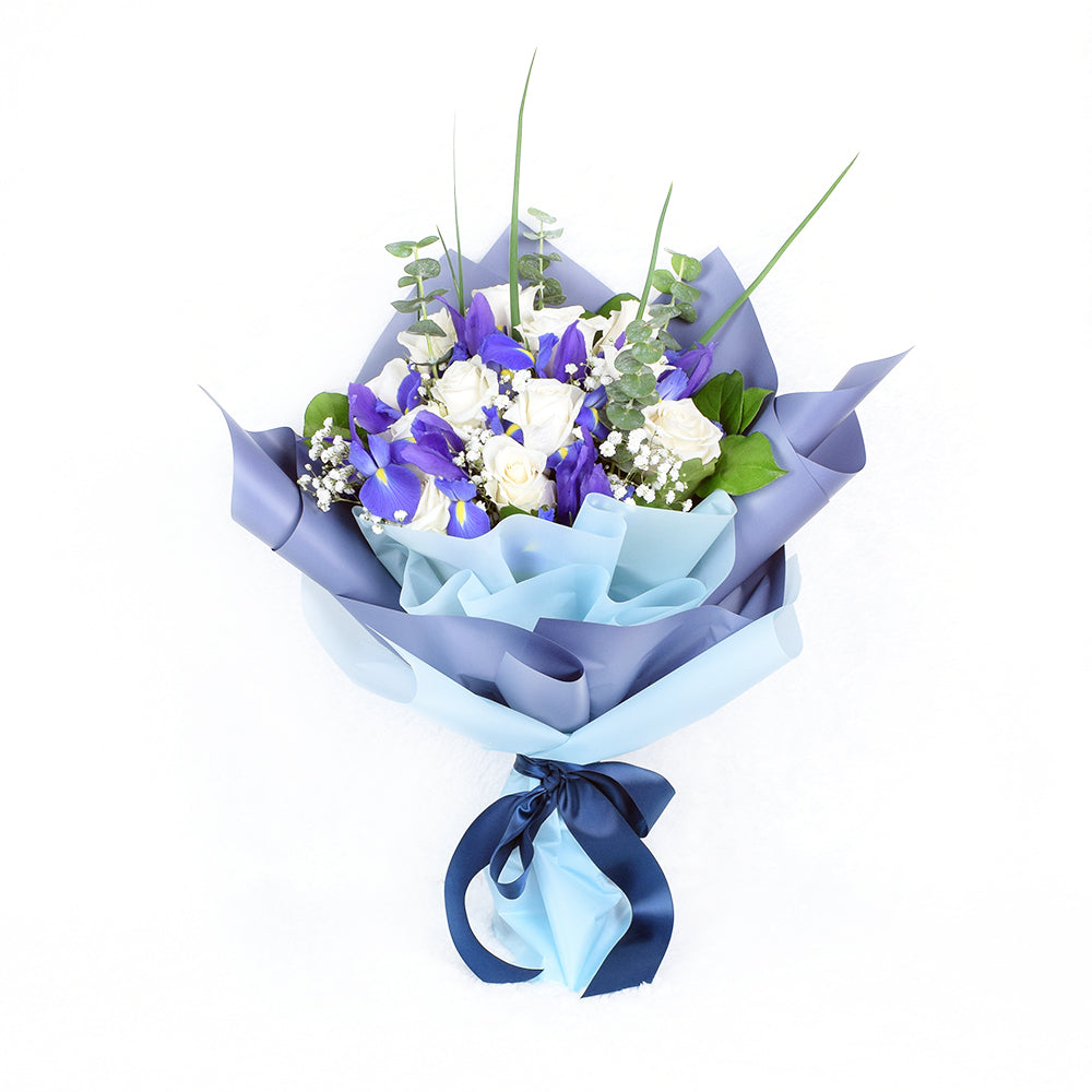 Muted Grace Mixed Floral Bouquet - White Roses and Iris, Blooms Canada Delivery