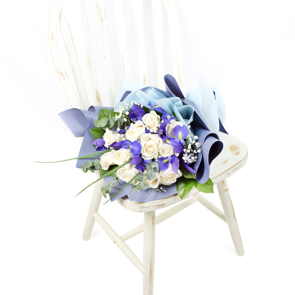 Muted Grace Mixed Floral Bouquet - White Roses and Iris, Blooms Canada Delivery