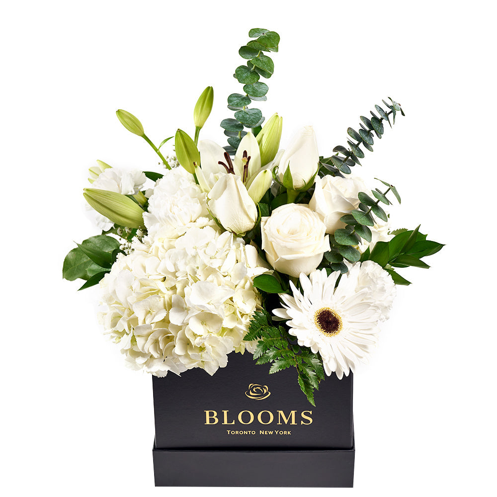 Pops of Joy Floral Centerpiece, Brimming with fresh hydrangeas and elegantly arranged in a black box, Mixed Floral Hat Box from Blooms Canada - Same Day Canada Delivery.