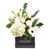 Pops of Joy Floral Centerpiece, Brimming with fresh hydrangeas and elegantly arranged in a black box, Mixed Floral Hat Box from Blooms Canada - Same Day Canada Delivery.