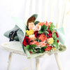 Bouquet with red, orange and yellow roses. Baby's breath and ruscus, Blooms Canada Delivery