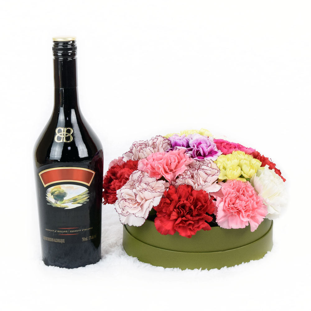 Simple Pleasures Flowers and Baileys Gift, mixed carnations in a short green designer hat box, a bottle of premium liquor, Flower Gifts from Canada Blooms - Canada Delivery