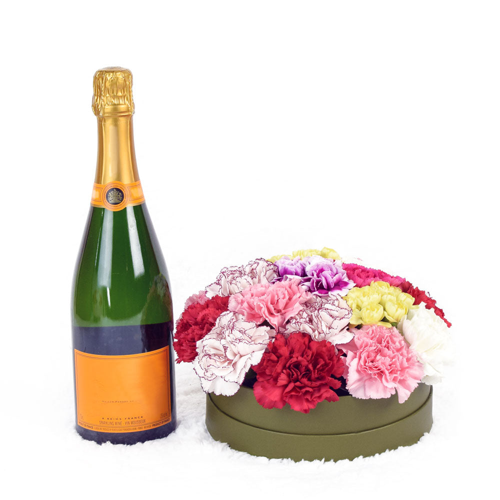 Simple Surprise Flowers &amp; Champagne Gift, selection of mixed carnations in a short green designer hat box, a bottle of Sparkling Wine, Flower Gifts from Canada Blooms - Canada Delivery