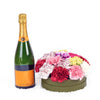 Simple Surprise Flowers & Champagne Gift, selection of mixed carnations in a short green designer hat box, a bottle of Sparkling Wine, Flower Gifts from Blooms Canada - Same Day Canada Delivery.
