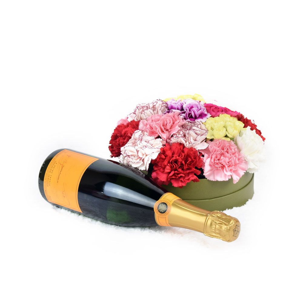 Simple Surprise Flowers & Champagne Gift, selection of mixed carnations in a short green designer hat box, a bottle of Sparkling Wine, Flower Gifts from Canada Blooms - Canada Delivery