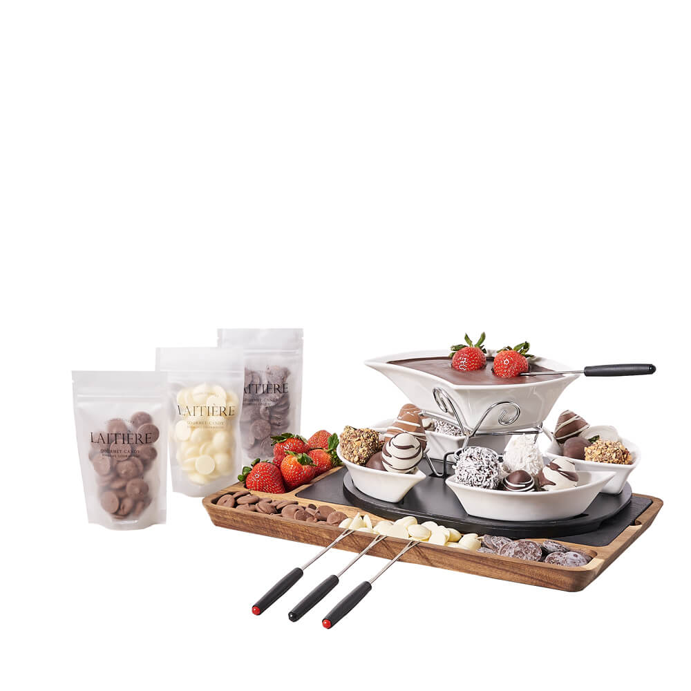 Strawberry & Chocolate Fondue Gift Board, chocolate-covered strawberries, milk chocolate melting morsels, dark chocolate melting morsels, white chocolate melting morsels, a complete fondue set, and a wood and slate serving board, Gourmet Gifts from Canada Blooms - Canada Delivery