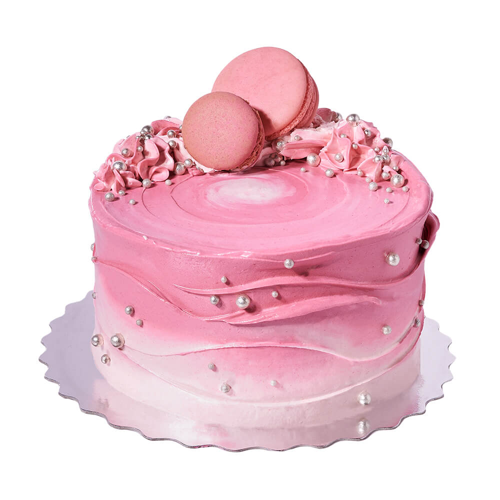 Stunning Strawberry Vanilla Cake, layered with strawberry buttercream, macarons, white and pink frosting, Cake Gifts from Canada Blooms - Canada Delivery
