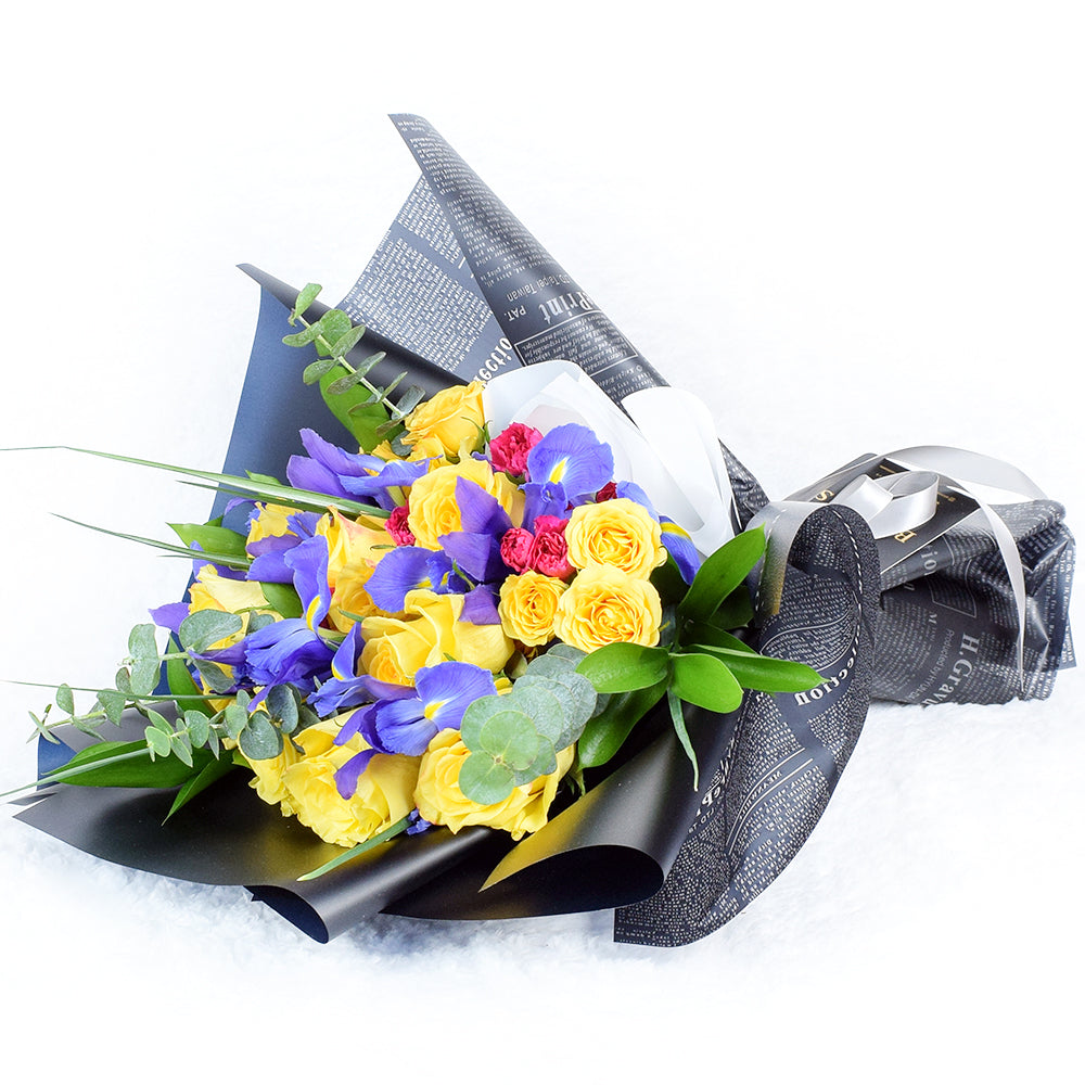 Yellow Rose and Iris Mixed Bouquet – Canada Blooms - Canada Delivery