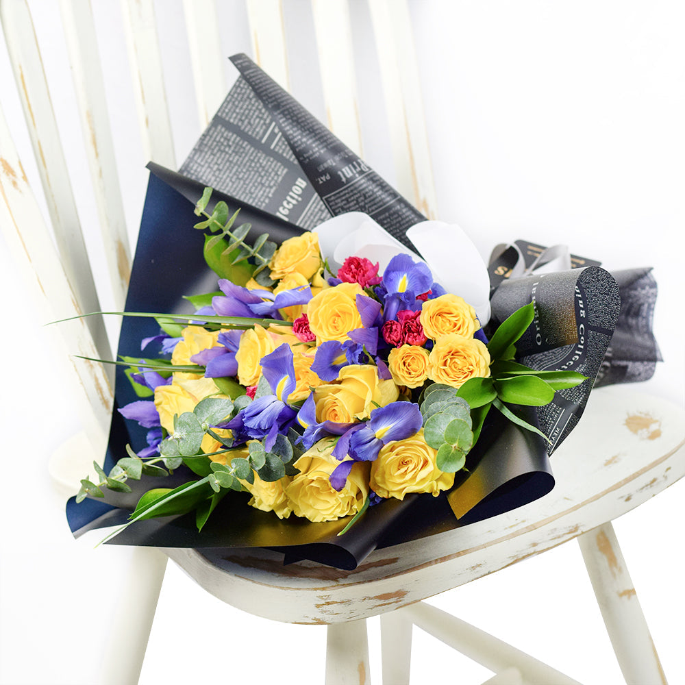 Yellow Rose and Iris Mixed Bouquet – Canada Blooms - Canada Delivery
