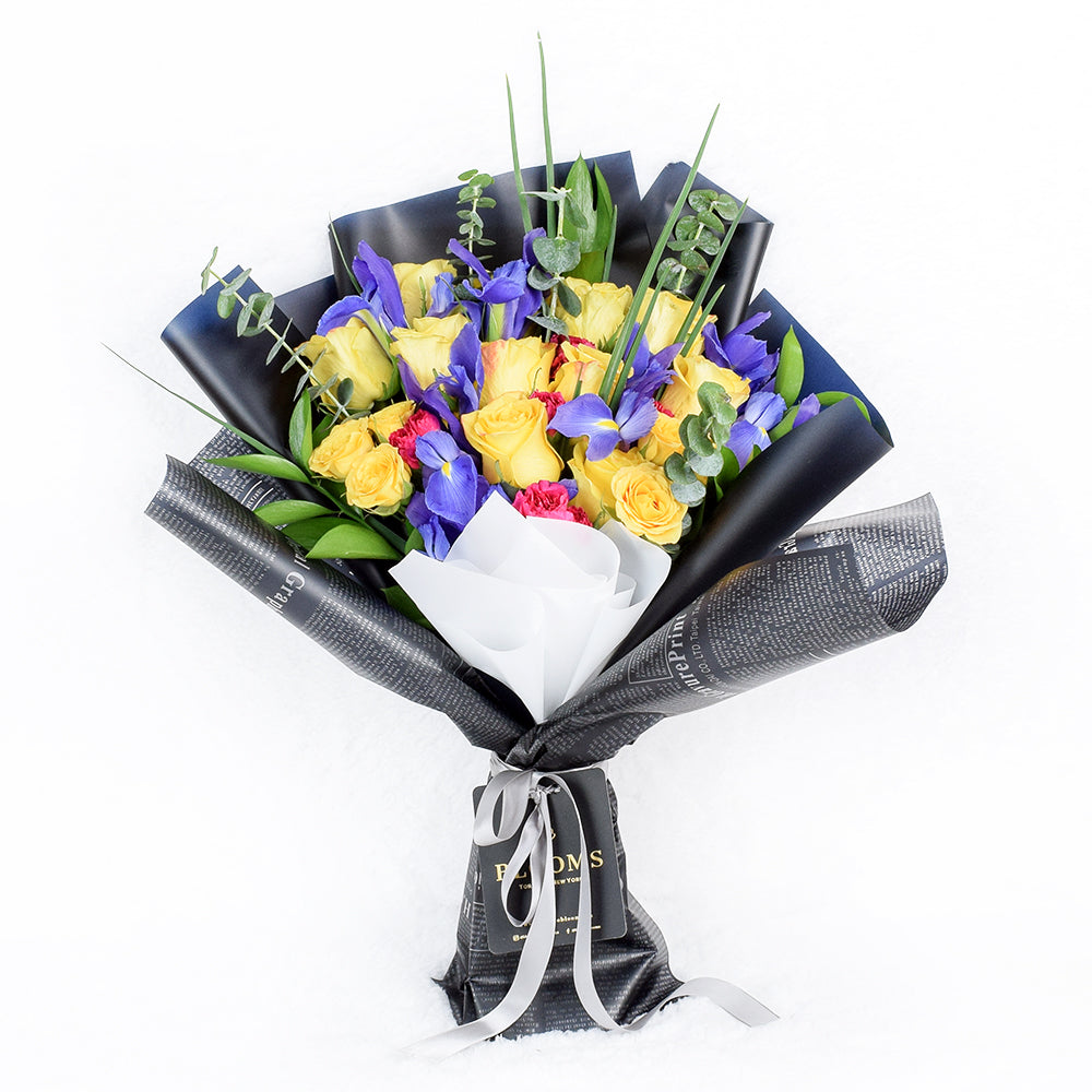 Yellow Rose and Iris Mixed Bouquet – Canada Blooms - Canada Delivery