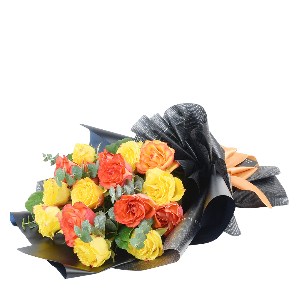 Sunset rose bouquet in red, yellow, and orange – Canada Blooms - Canada Delivery