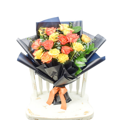 Sunset rose bouquet in red, yellow, and orange. Same Day Blooms Canada Delivery