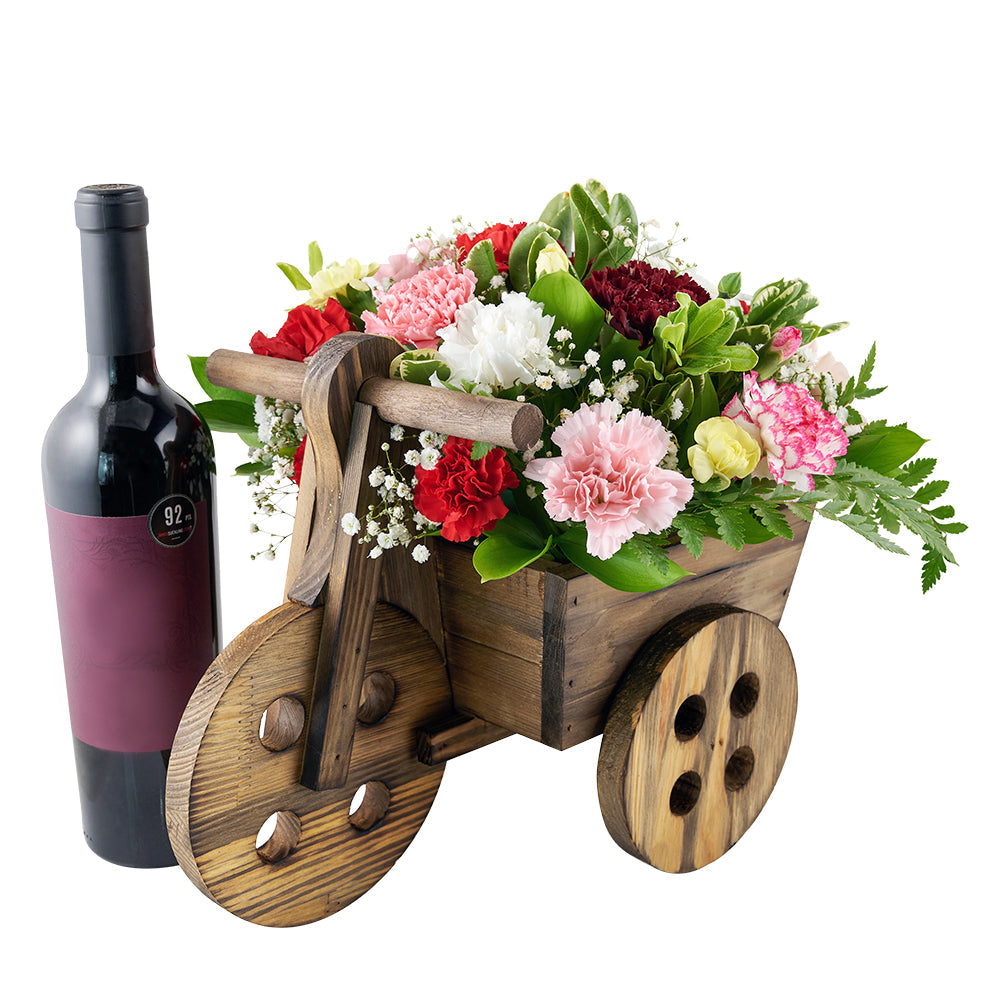 Sweet Talk Floral Gift Set, selection multi-coloured carnations, baby’s breath, and greens in a charming wooden cart planter, a bottle of red wine, Floral Gifts from Canada Blooms - Canada Delivery
