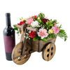 Sweet Talk Floral Gift Set, selection multi-coloured carnations, baby’s breath, and greens in a charming wooden cart planter, a bottle of red wine, Floral Gifts from Blooms Canada - Same Day Canada Delivery.