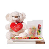 Sweet Teddy & Gummy Bear Gift Set, gummy bears, sour gummy bears, a teddy bear holding a heart that says ‘I Love You’, a ceramic dish, and a wood & marble serving board, Gourmet Gifts from Blooms Canada - Same Day Canada Delivery.