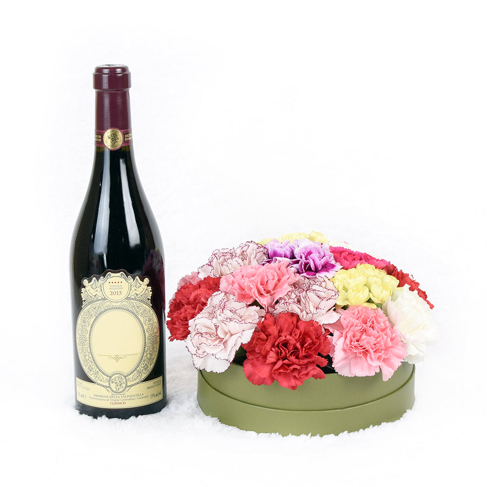 Carnation Hat Box Arrangement with wine, – Canada Blooms - Canada Delivery